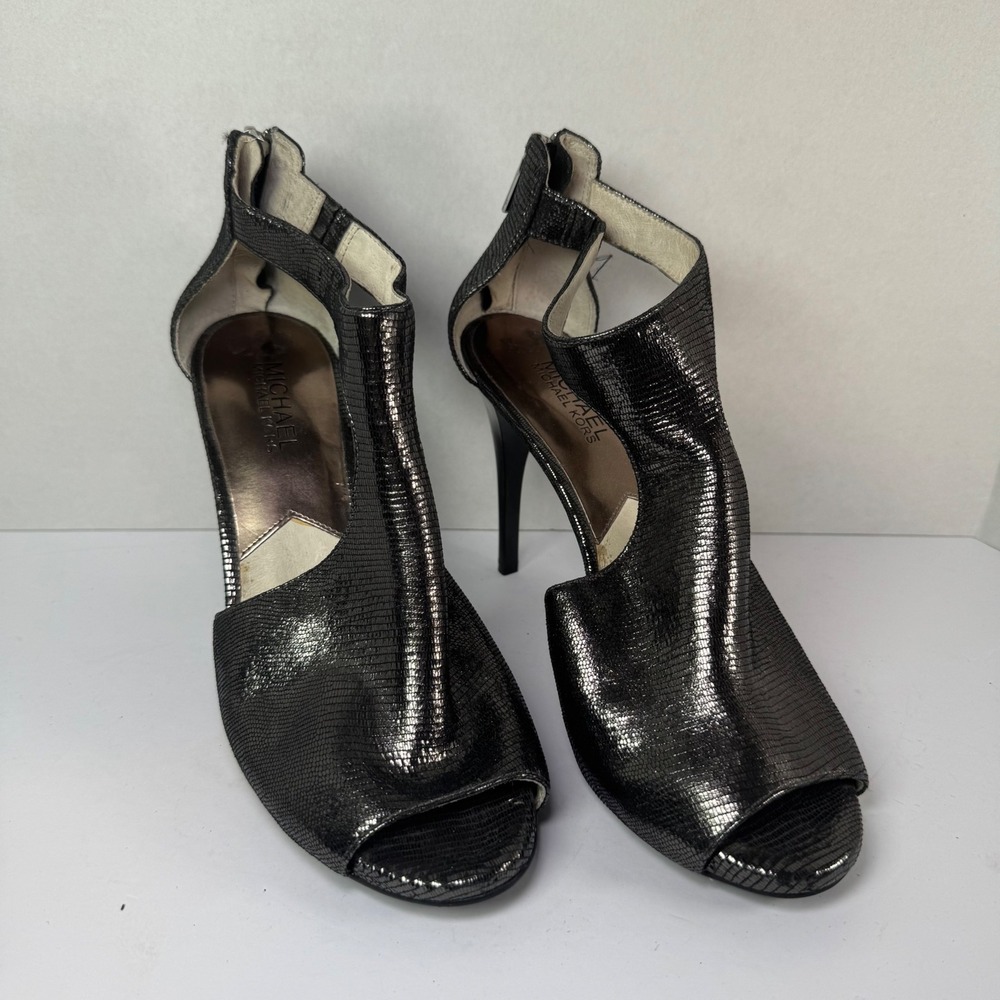 Michael Kors Josie Women's Pewter Metallic Snakeskin Peep Toe Zip Back Size 8M